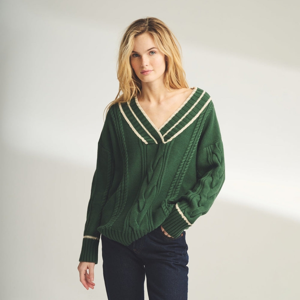 NAADAM Varsity Cable Knit V-Neck Sweater Green Tan Oversized XS